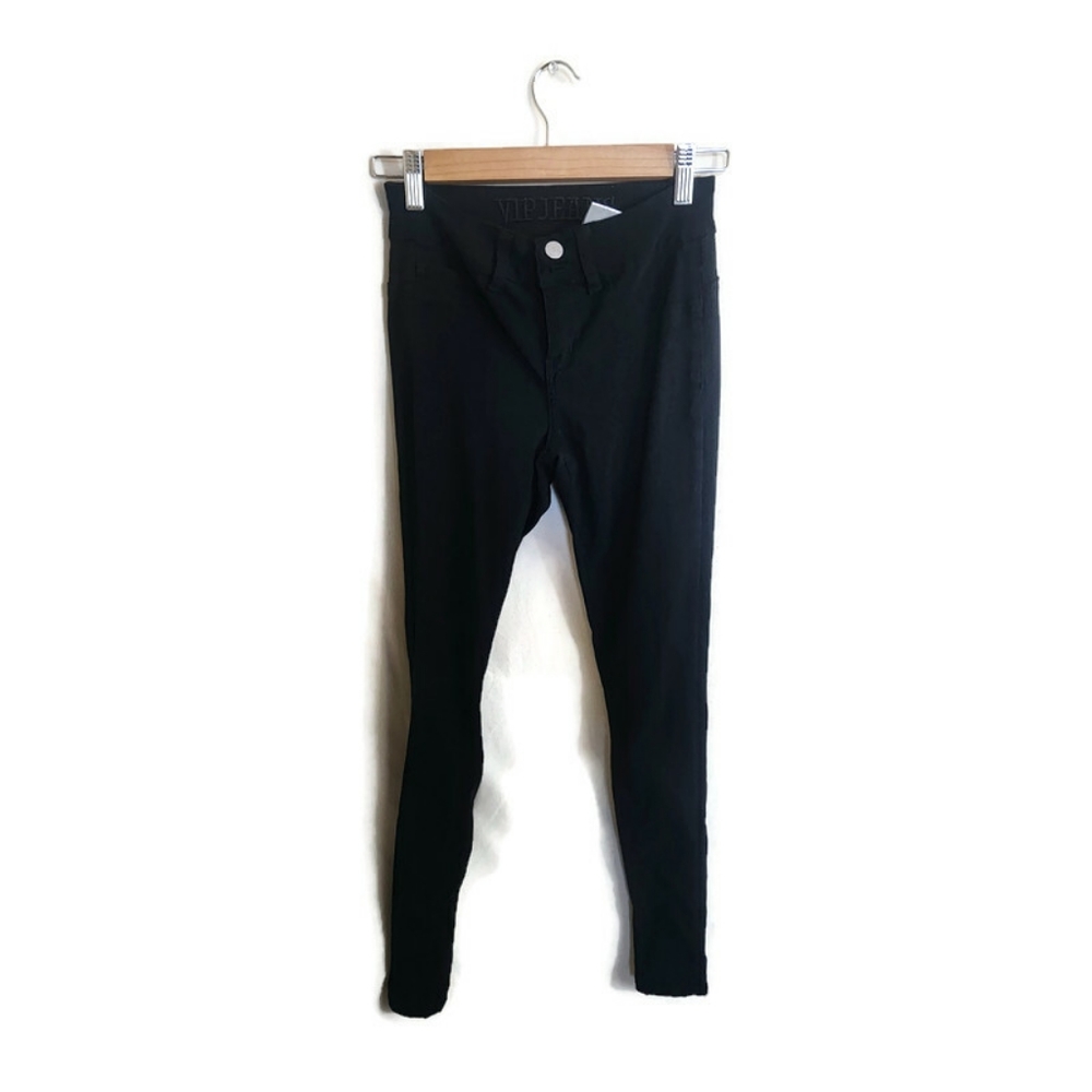 V.I.P. Jet Black Ultra Skinny/Stretchy Long Mid Waist Double Button Jeggings 3/4
